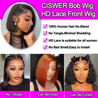 Wig Bob Lurus 10, 12, 14, 16 Inci Wig Lace Front 13x4 Densitas 180% Rambut Asli 100% Sorotan Warna Opsional
