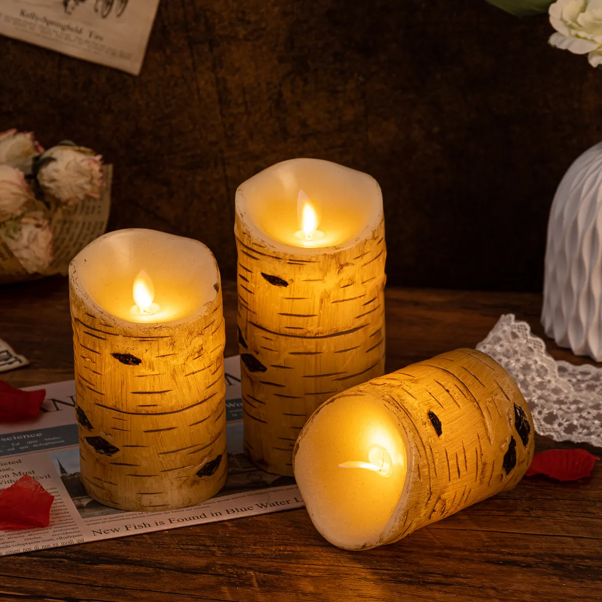 Pilar lilin asli LED permukaan kulit birch Dekorasi Rumah lilin berkedip dapat dipilih dengan pengatur waktu jarak jauh kulit kayu elm