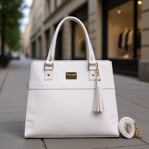 Sac fourre-tout en cuir blanc pour femme Fana Maura, taille moyenne, style simple à porter en bandoulière avec décoration en pompon - Product Image 2