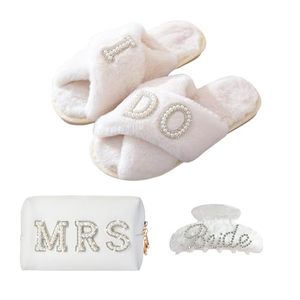 Soft Plush Faux Fur Warm Thick Comfortable Pearl Embroidery Wedding Home Indoor Ladies <b>Slippers</b> - Product Image 1