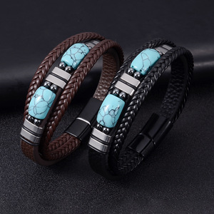 Turquoise <b>Leather</b> <b>Bracelet</b> Multi Layer Stainless Steel Unisex Jewelry Gift 7.5in 8.5in 9in - Product Image 2