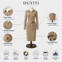 Robe pour femme en tricot opaque de qualité supérieure 280GSM, col polo, ceinture, hiver, douce, coupe ajustée, manches longues, longueur genou, logo personnalisé OEM