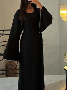 100% Polyester Black Casual Belted Abaya Flounce Sleeve Modest Islamic Maxi Dress for Muslim Women - Product Image 6