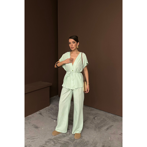 ชุดเซ็ตผู้หญิง KETEN V YAKA BELDEN BALAMALI BLUZ-PANTOLON TAKIM-Yeil - Product Image 5