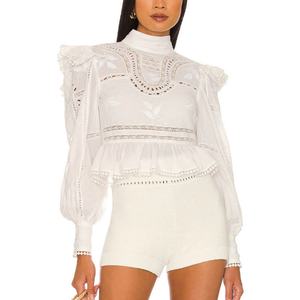 Haut court personnalisé pour femme, style lanterne, brodé, ajouré, à volants et dentelle, dos nu sexy, avec nœud, blanc, élégant - Product Image 5