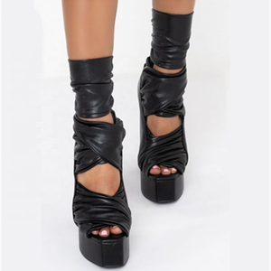 2022 <b>Spring</b> Fashion Design Pleated Hollow Out Upper Ankle <b>Boots</b> Peep Toe Shoes Back Zipper Thick Platform Size 43 - Product Image 4