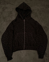 Sweat à capuche zippé en molleton bouclette personnalisé avec impression intégrale, effet délavé, motif léopard DTG, lourd, orné de strass pour homme