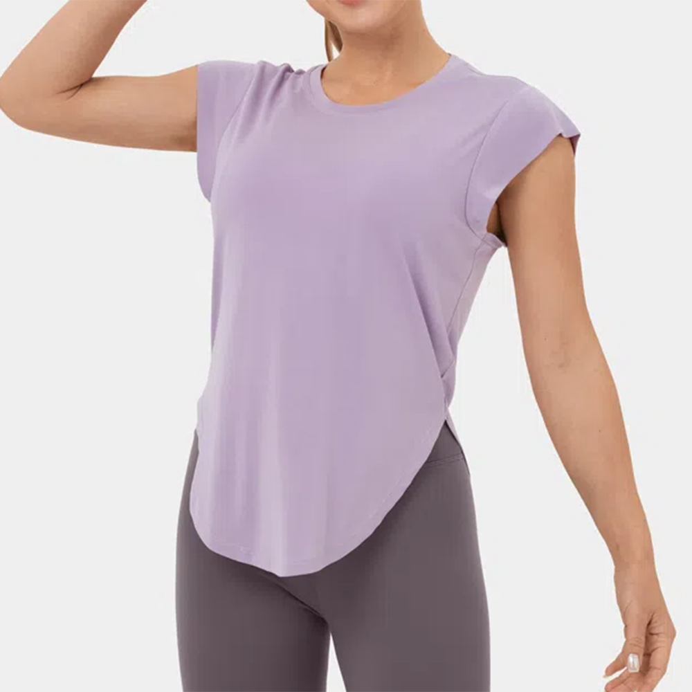Lavender  round Neck Curved Hem Yoga Sports Top
