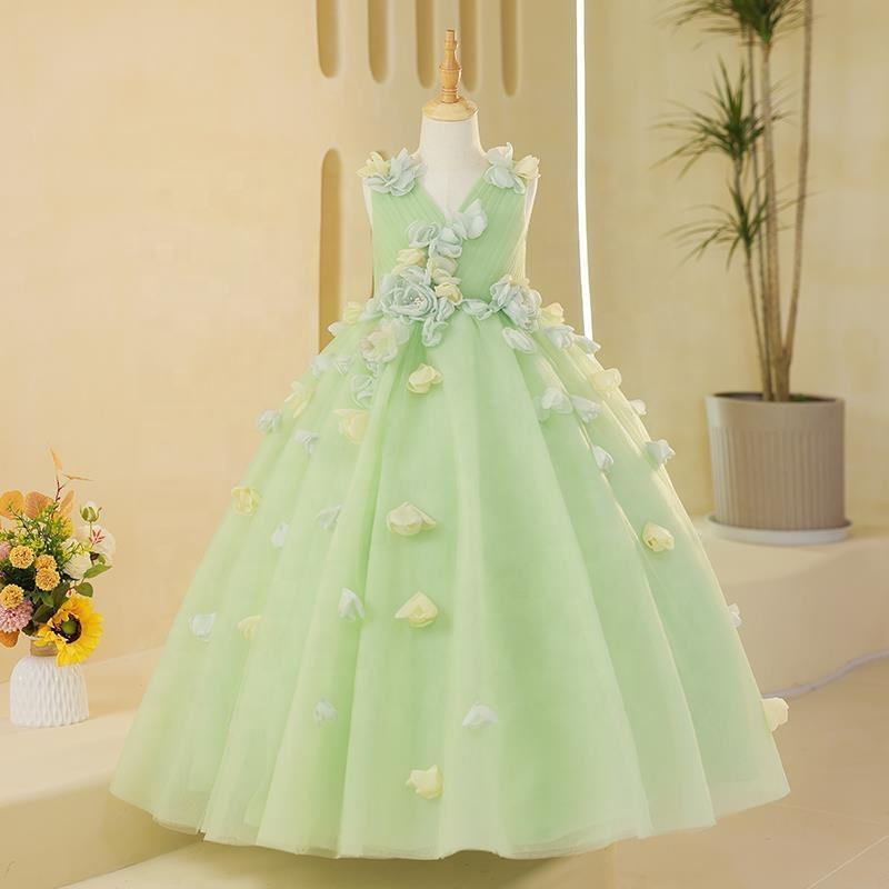Pretty Green Princess Kids Ball Gown with Applique Embroidery