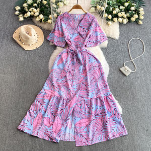 Abito con Scollo a V Incrociato Stampato per Donna, Stile Vacanza Autunno-Inverno, Vestito Lungo Aderente con Cintura e Volant - Product Image 6