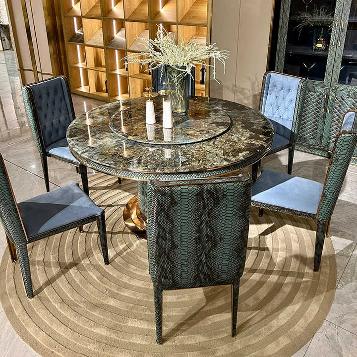 High-end Round Dining Table Luxury Modern Blue Leather Natural Marble ...
