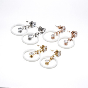 Crystal Drop <b>Earrings</b> 24mm Hollow Ceramic Zircon Inlaid Geometric <b>Stud</b> Stainless Steel For Women Everyday Wear - Product Image 4
