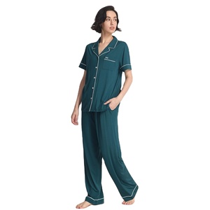 Conjunto de Pijama para Mujer, Viscosa de Bambú, Cuello de Solapa, Botones, Camiseta de Manga Corta con Pantalones, Dos Piezas, Ropa de Dormir de Algodón - Product Image 1