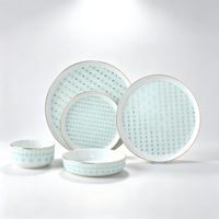 Service de table en porcelaine fine à bord doré géométrique, assiettes et bols en céramique de luxe, vaisselle pour mariage, hôtel, maison, anti-fuite, compatible lave-vaisselle