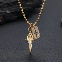 Collier pendentif croix épée poignard en acier inoxydable pour homme, chaîne à perles, bijoux gravés sur mesure, vente en gros usine