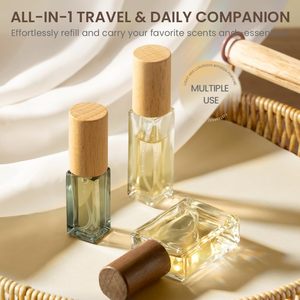 Flacons vaporisateurs de parfum en verre carrés plats portables et rechargeables de 30 ml et 50 ml avec couvercle en bois - Product Image 3
