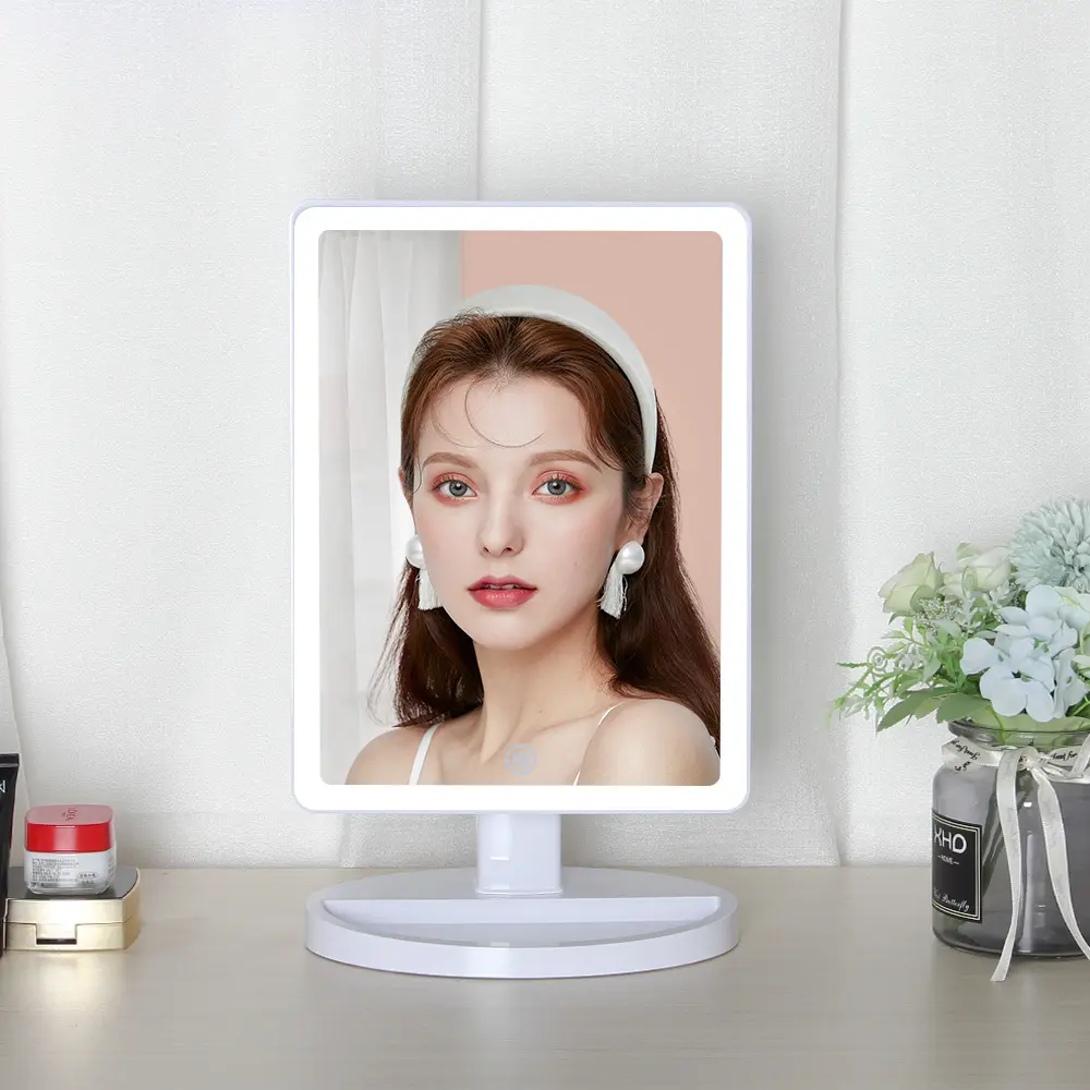 Draagbare Reis Led Smart Desktop Make-Up Spiegels Dames Verlichte Cosmetica Spiegel Met Standaard Ip 67 Waterdichte Spiegels