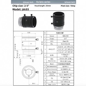Objectif industriel haute performance 2/3" F2.8 25mm, 10MP, ultra faible distorsion et super macro - Product Image 6
