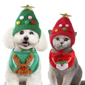 Conjunto de babador para cachorro, 2 peças, chapéu de natal, bonito, de toalha saliva, ajustável, acessórios para árvore de natal