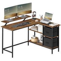 Bureau d'ordinateur en métal en forme de L pour jeux vidéo avec surface en bois, 2 tiroirs, prise de courant, support pour moniteur