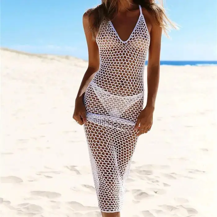 Gestricktes Häkeln Maxi Cover-Up Kleid Sexy rücken freie Hollow Out Strand kleider für Frauen 2023 Sommer Bikini Long Beach Kleid