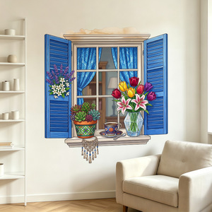 Pegatina de Pared 3D con Diseño de Ventana Azul - Calcomanía Colorida de Tulipanes, Suculentas y Taza de Café con Atrapasueños para Sala de Estar y Dormitorio H - Product Image 3