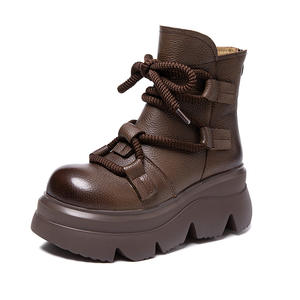 <span class=keywords><strong>Botas</strong></span> Chelsea para Mujer, Otoño Invierno, Nuevas, Retro, Punta Redonda, Media Pantorrilla, Cortas, con Cordones, Aumentan la Estatura, Cuero Genuino, Forro de Algodón, Suela de Goma - Product Image 6