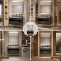 Set Meja Rias Kamar Mandi Modern yang Dipasang di Dinding dengan Kabinet Cermin LED, Wastafel Batu, dan Kabinet Penyimpanan