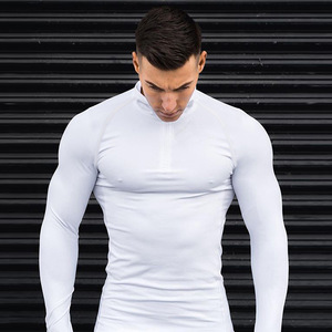Camiseta de manga larga para <span class=keywords><strong>hombre</strong></span> Europeo Americano, informal, sólida, para correr, deportes, Otoño, cuello levantado, cremallera, mono elástico - Product Image 3