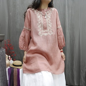 Retro Ramie Embroidery Top Women Loose Mid Length Casual Shirt Dress Breathable Everyday Wear - Product Image 2