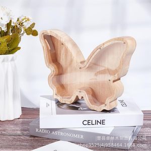 Hucha de madera para estudiantes, caja de almacenamiento de monedas y cambio, hucha de madera maciza con mariposa transparente de acrílico - Product Image 1