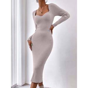 Vestido midi de punto acanalado con cuello cuadrado color caqui talla XS para mujer - Product Image 2