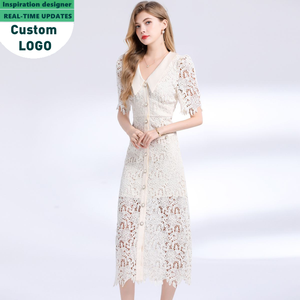 Robes décontractées élégantes pour femmes, style français, à manches courtes, en dentelle, col à revers, coupe ajustée - Product Image 3