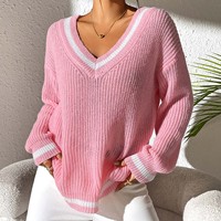 Pull décontracté en maille plate à col en V pour femme, style preppy, color block, manches longues lanternes amples, en polyester standard, pour l'hiver