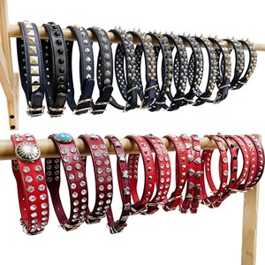 Accesorios para mascotas OEM logotipo personalizado correa ajustable para el cuello remache de Metal Stud Charm impermeable Pu Semi cuero <span class=keywords><strong>Collar</strong></span> de perro rojo y negro - Product Image 1