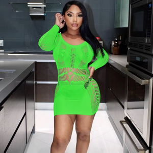 2024 produk baru gaun Mini jaring tembus pandang berongga pakaian klub pesta <span class=keywords><strong>Neon</strong></span> Solid <span class=keywords><strong>Lingerie</strong></span> Wanita Bodycon seksi - Product Image 4