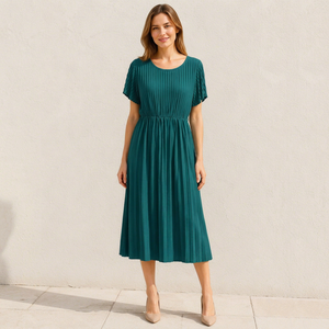 Robe de Cocktail Midi Solide de Qualité Supérieure pour Femme, Couleur Verte, Col Rond, Manches Courtes Volantées, Taille Élastique, Coupe Trapèze - Product Image 1