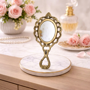 Antique Brass Hand <b>Mirror</b> with Handle Vintage Vanity Makeup <b>Mirror</b> Decorative Dressing <b>Mirror</b> Portable <b>Handheld</b> Beauty <b>Mirror</b> - Product Image 1