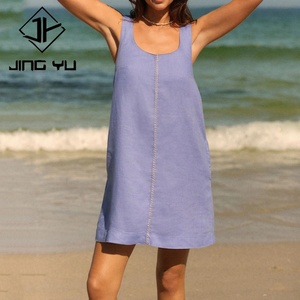 Vestido de Verano Azul Playa Personalizado de Fábrica con Costuras en Contraste Premium, Vestido Mini de Lino 100% Transpirable de Alta Calidad - Product Image 1