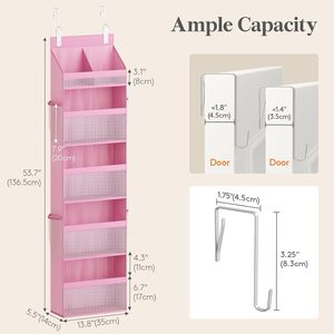 Organisateur suspendu au-dessus de la porte pour bébé, 5 niveaux, étagères de rangement roses pour la chambre d'enfant avec poches en filet pour jouets et articles essentiels - Product Image 3