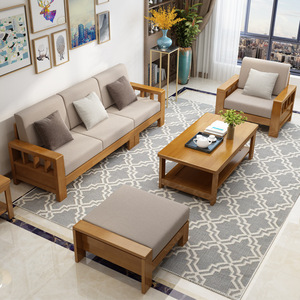 Nordic Solid Wood <b>Sofa</b> Set L Shape Fabric Upholstered Corner <b>Sofa</b> For <b>Small</b> Apartment Living Room Furniture Rubber Wood Frame - Product Image 2