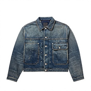 Veste en jean pour homme, finition délavée, col rabattu, coupe classique, longueur normale, fermeture éclair, couleur unie, style décontracté, vêtement d'automne - Product Image 1