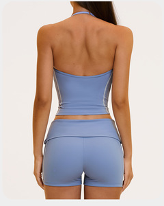 OEM/ODM Custom Manufacturers Contrast Patchwork Low <b>Neck</b> Color Block <b>Padded</b> Gym Workout Running Yoga Crop Tank Top Set for Women - Product Image 6