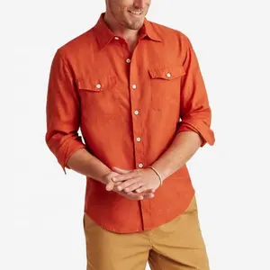 批发洗亚麻衬衫男士100% 亚麻衬衫长袖Camisas可持久纯线衬衫高品质