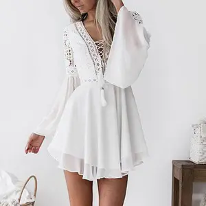 Zomer Korte Elegante Witte Junior Womans Rayon Officiële Witte Kanten Flare Mouwen Perfect Witte Jurk