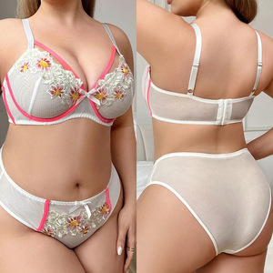 Conjunto de Lencería <span class=keywords><strong>Sexy</strong></span> de Encaje Transparente para <span class=keywords><strong>Mujer</strong></span> Talla Grande XX51, Conjunto de 2 Piezas de Brasier y Bragas con Bordado Sensual y Lazo, Conjunto de Pijama - Product Image 5