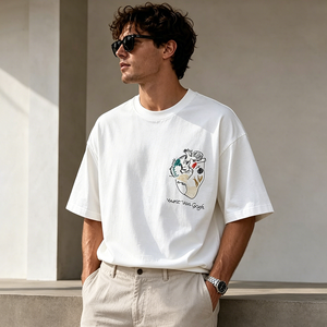 T-shirt da uomo personalizzata con logo, stampa cartoon vintage lavata, stile <span class=keywords><strong>HipHop</strong></span>, traspirante, in cotone di alta qualità, girocollo, vestibilità ampia, alla moda, per tutti i giorni - Product Image 3