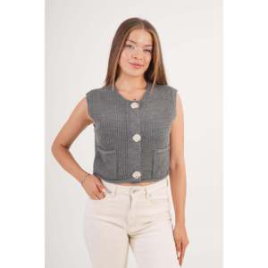 Gilet en tricot anthracite pour femme, sans manches, en laine, avec boutons dorés, doubles poches, vêtement d'extérieur - Product Image 2