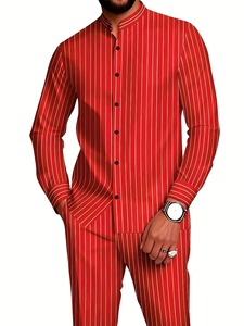 Conjunto de Camisa de Manga Larga con Cuello Alto a Rayas y Pantalones para Hombre, Ropa Casual Transpirable para Otoño e Invierno - Product Image 2