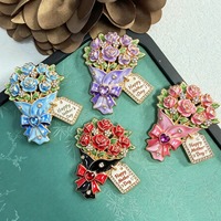 Broche en émail en forme de bouquet de roses, avec étiquette 'Joyeuse Fête des Mères', épingle cœur en strass, broches florales vintage